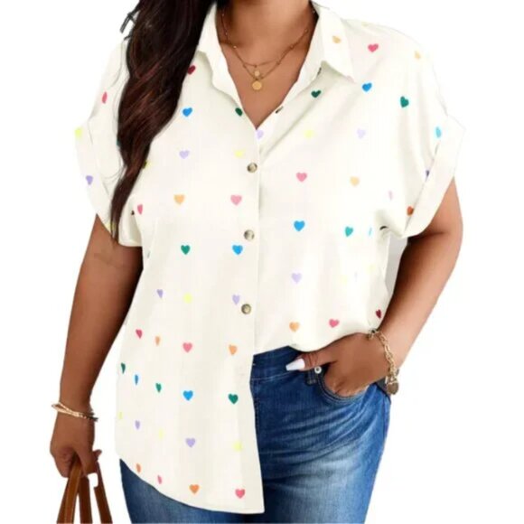 White Button-Down Shirt with Heart Print ~ Fun, Playful Oversized Fit - Picture 1 of 5